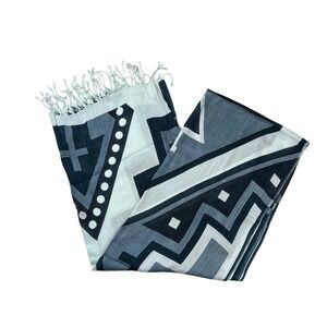Global Girlfriend Blue Grey Geometric Print Viscose Scarf Fair Trade Fringe Wrap